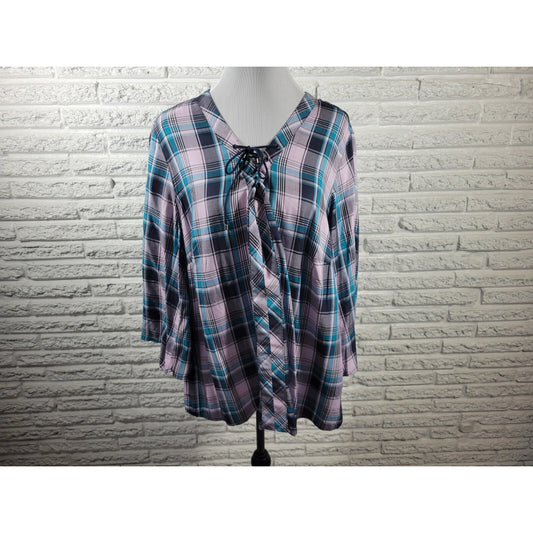 Cato Est 1948 Women Top 18W 20W Plus Lace Up 3/4 Sleeve Lightweight Blue Plaid
