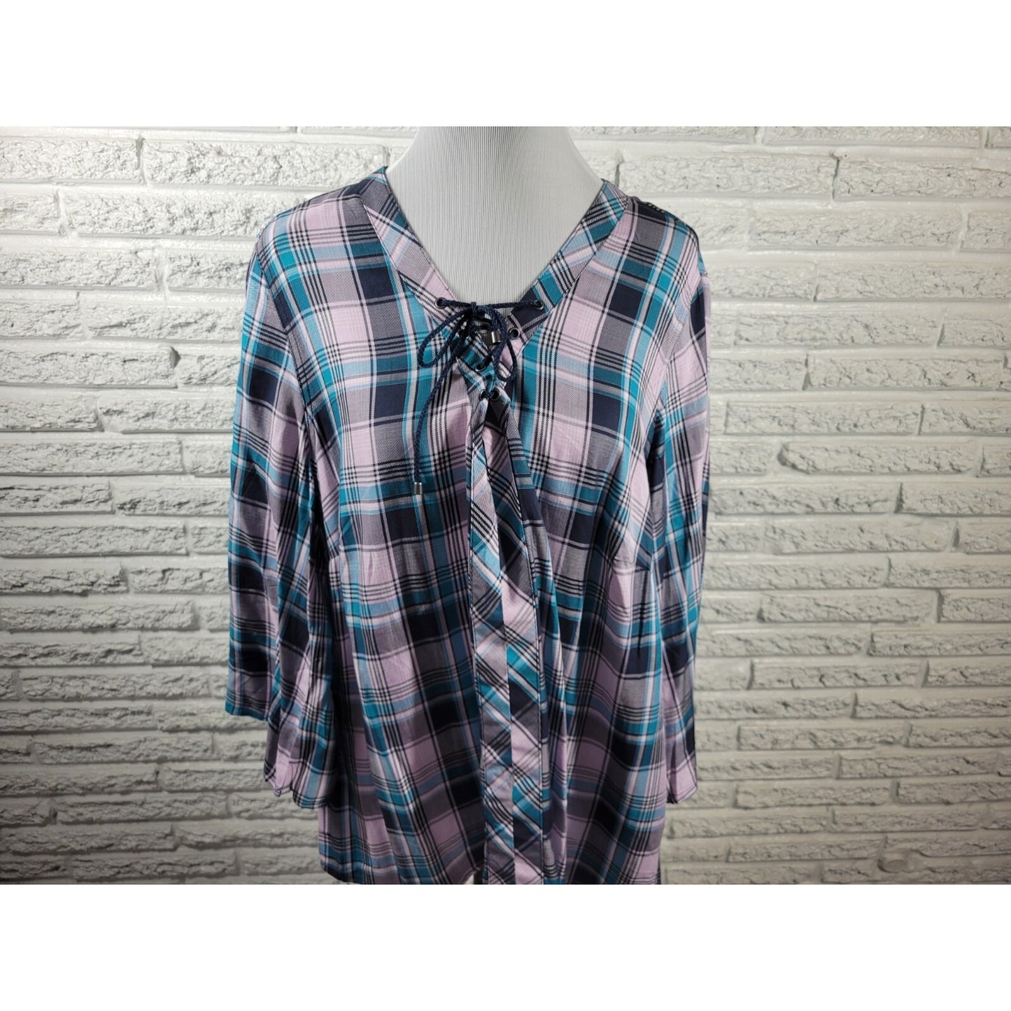 Cato Est 1948 Women Top 18W 20W Plus Lace Up 3/4 Sleeve Lightweight Blue Plaid