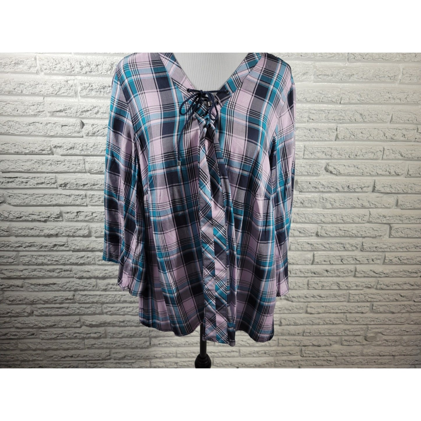 Cato Est 1948 Women Top 18W 20W Plus Lace Up 3/4 Sleeve Lightweight Blue Plaid