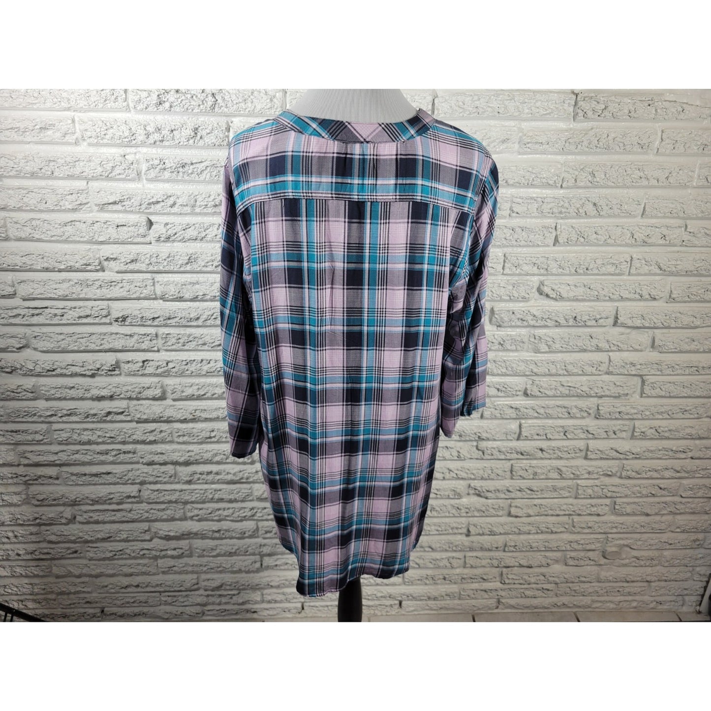 Cato Est 1948 Women Top 18W 20W Plus Lace Up 3/4 Sleeve Lightweight Blue Plaid