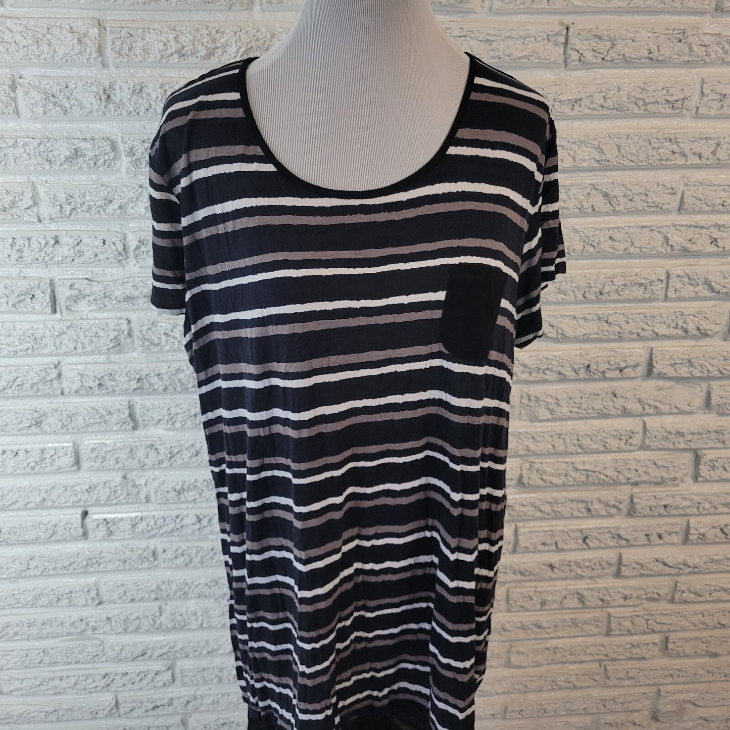Anne Klein Womens Dress XL Mini Short Sleeve Black Stripe Pockets Chiffon Hem