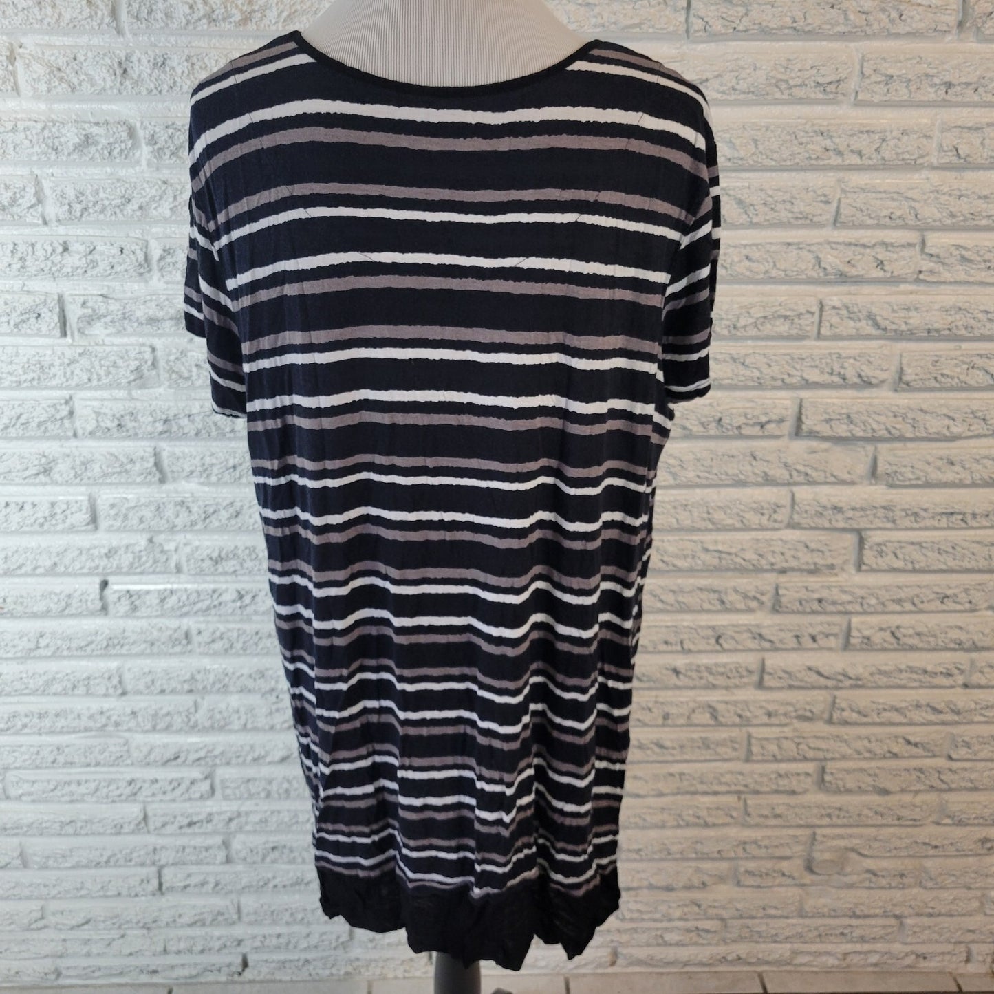 Anne Klein Womens Dress XL Mini Short Sleeve Black Stripe Pockets Chiffon Hem