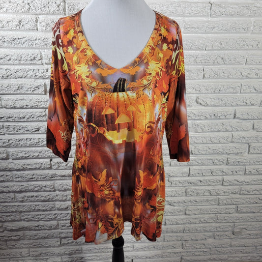 Live & Let Live Women's 1X Plus Orange Geometric Jack O Lantern Tunic Studded