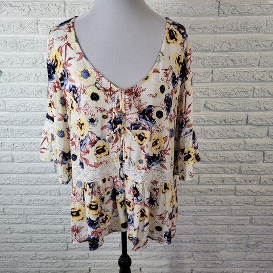Maurices Womens Top 0X Baby Doll Bell Sleeve Blue Brown Floral Lightweight Rayon