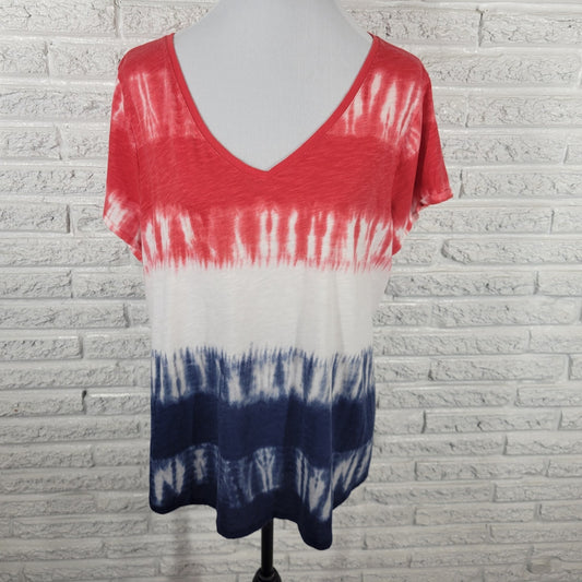 Fourth of July Sonoma Everyday Women Top XXL Plus Tee Patriotic Red Blue Tie Dye