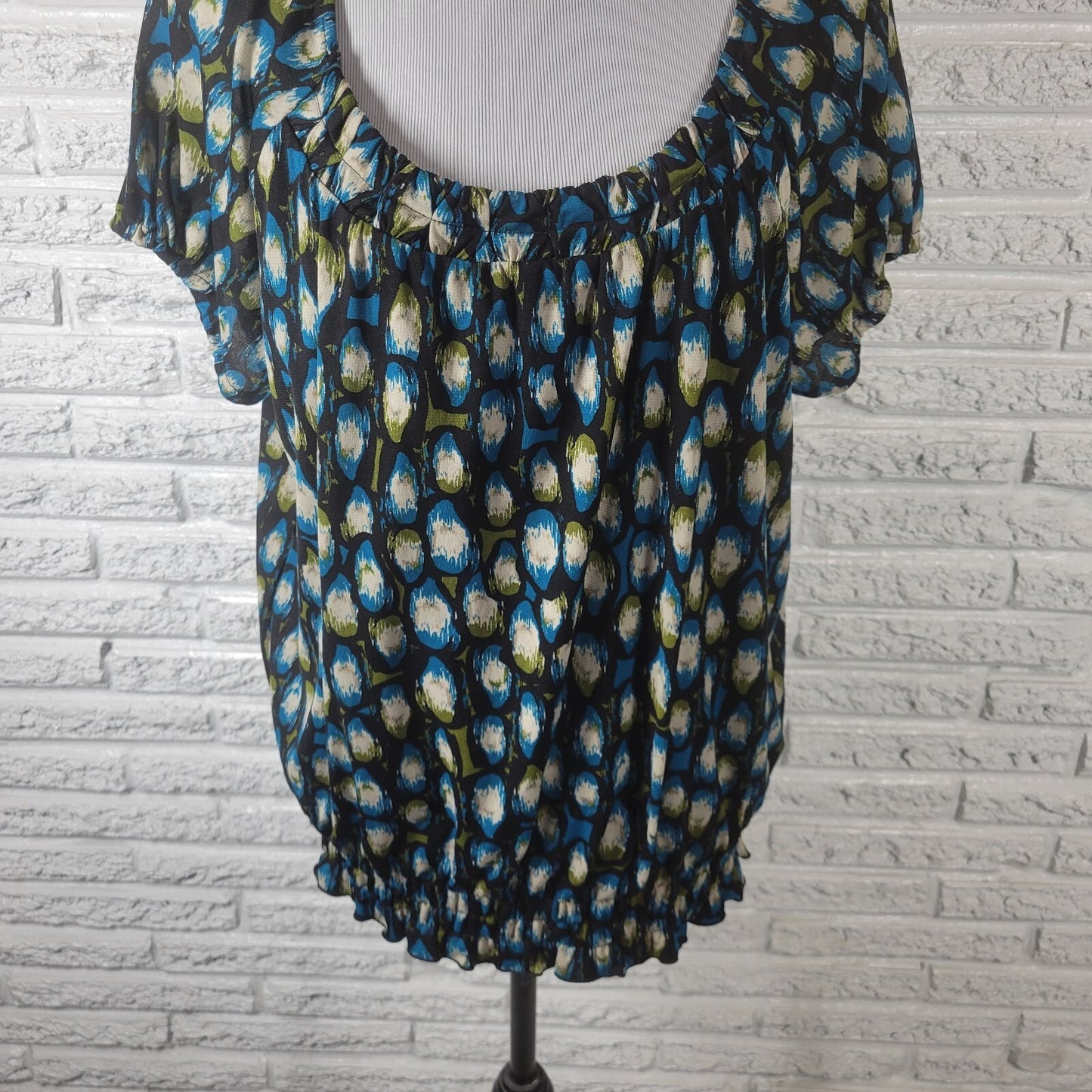 Worthington Womens Top Extra Large XL Peplum Puff Sleeve Blue Black Watercolor