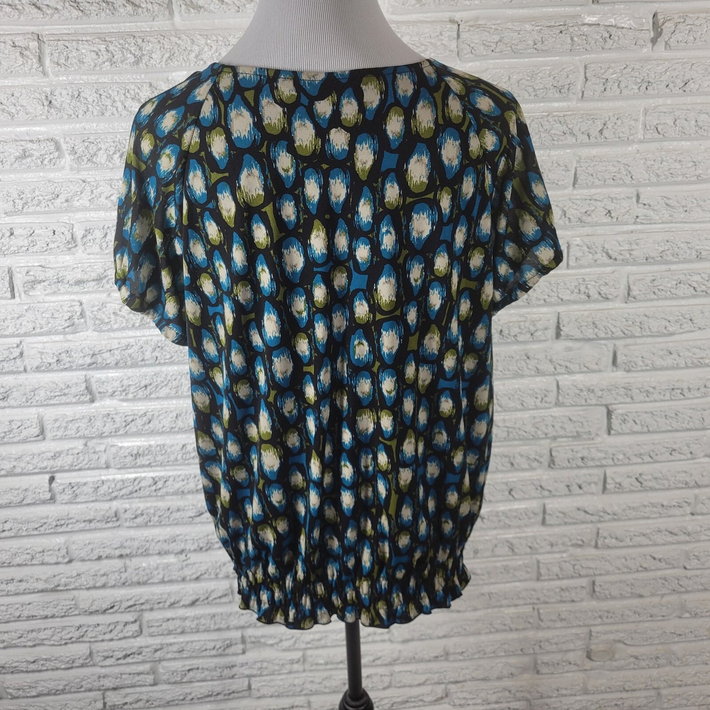 Worthington Womens Top Extra Large XL Peplum Puff Sleeve Blue Black Watercolor