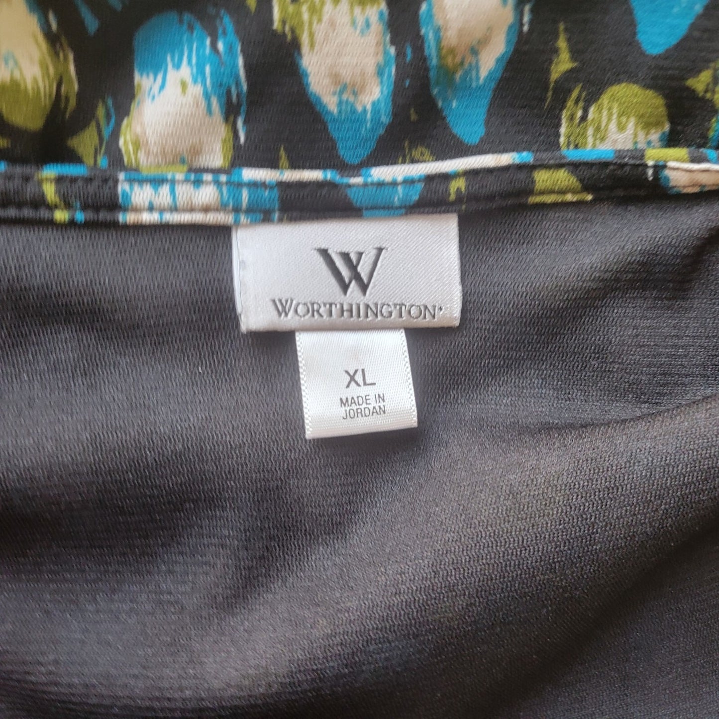 Worthington Womens Top Extra Large XL Peplum Puff Sleeve Blue Black Watercolor