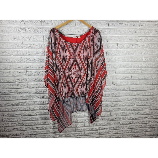 Cato Womens Top 26W 28W Plus Tunic Handkerchief Hem Kimono Sleeve Red Geometric