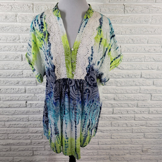 Dress Barn Women Top 2X Plus Tunic Green Blue Watercolor Lace Lightweight Casual