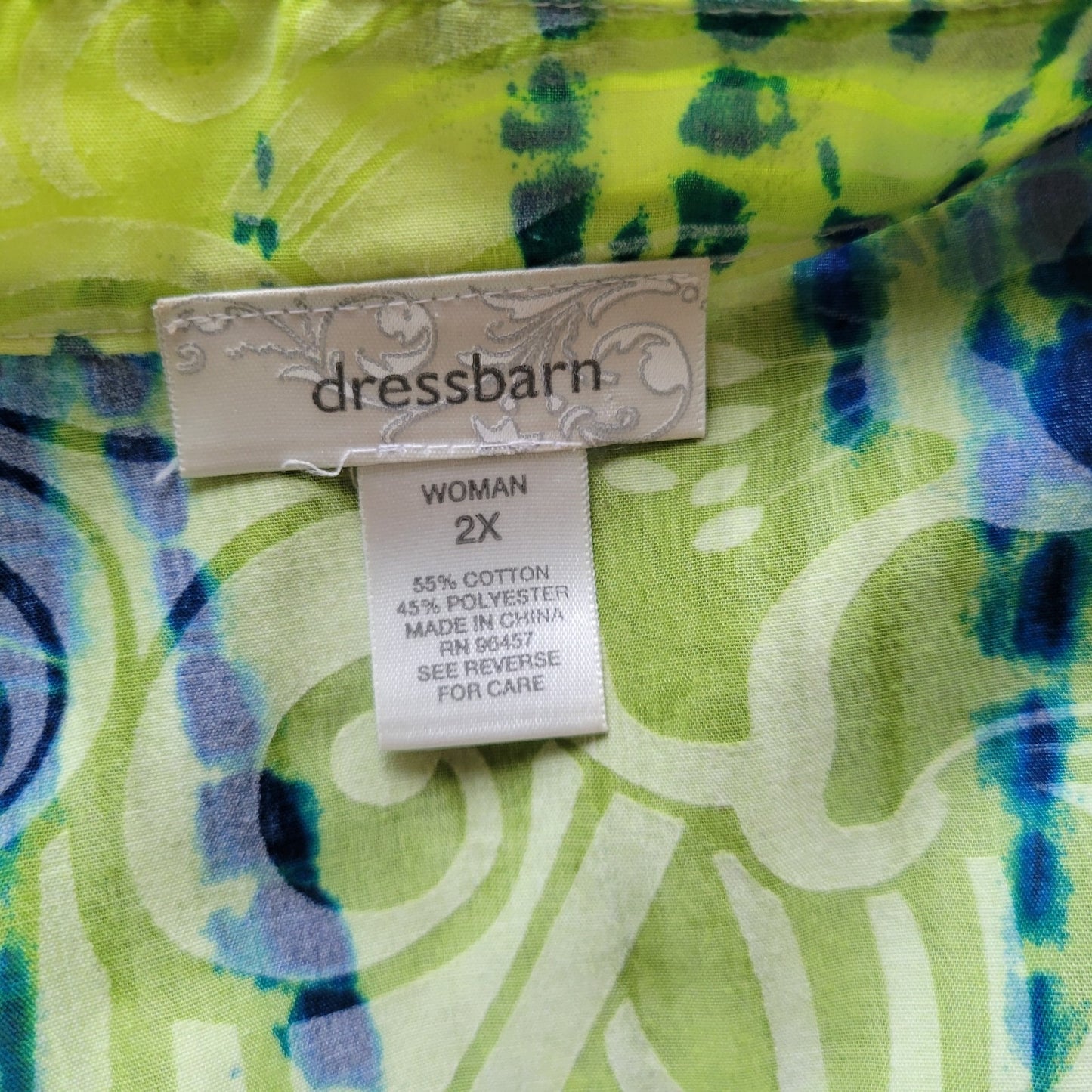 Dress Barn Women Top 2X Plus Tunic Green Blue Watercolor Lace Lightweight Casual