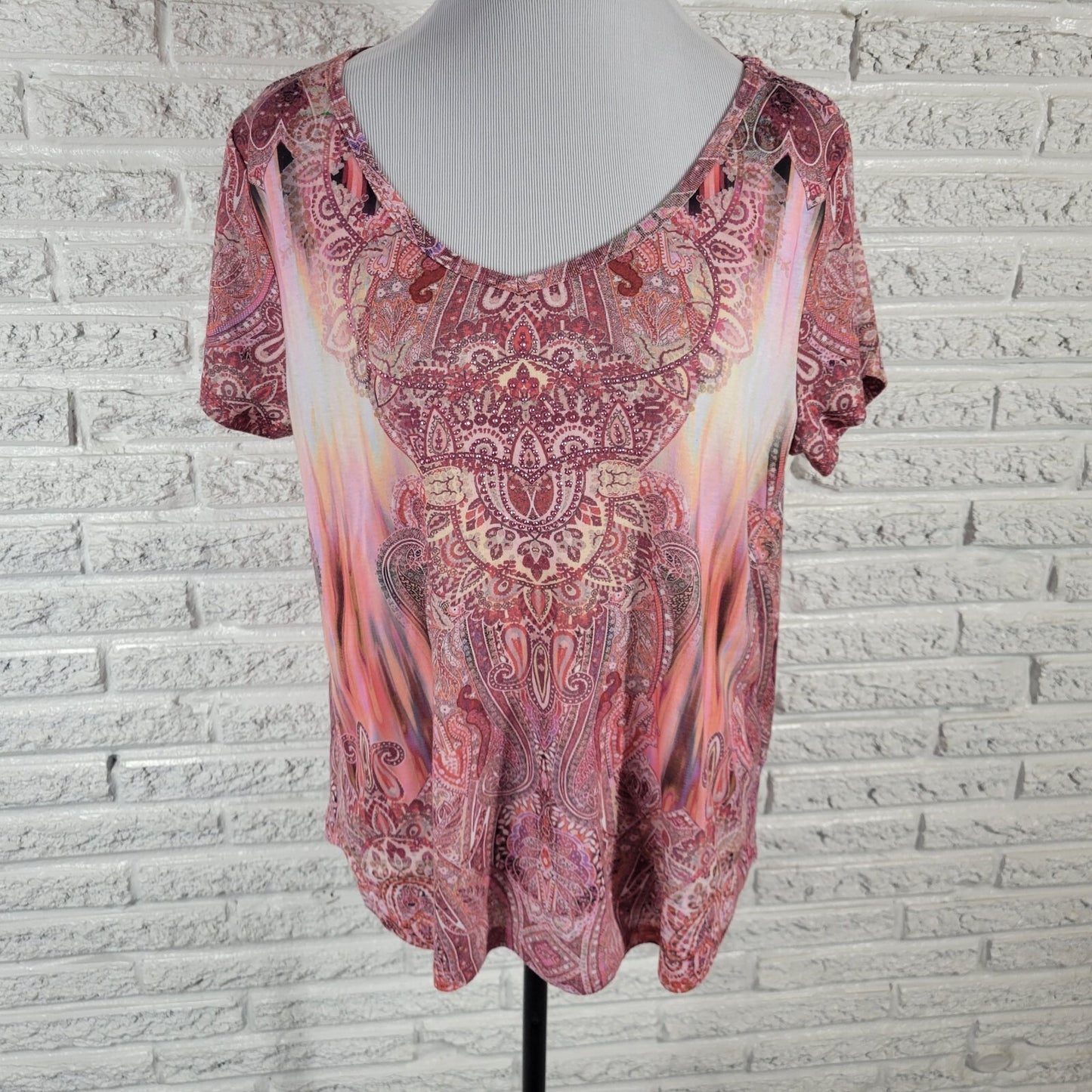 One World Womens Top Extra Large XL Short Sleeve Pink Paisley Polyester Studded