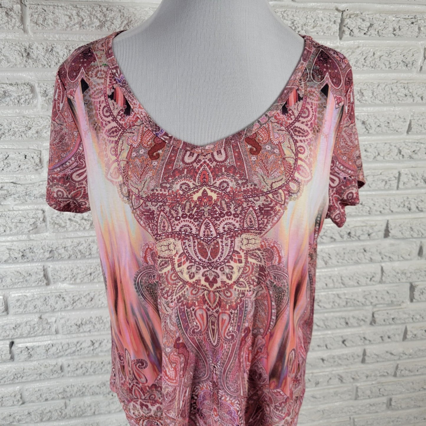 One World Womens Top Extra Large XL Short Sleeve Pink Paisley Polyester Studded