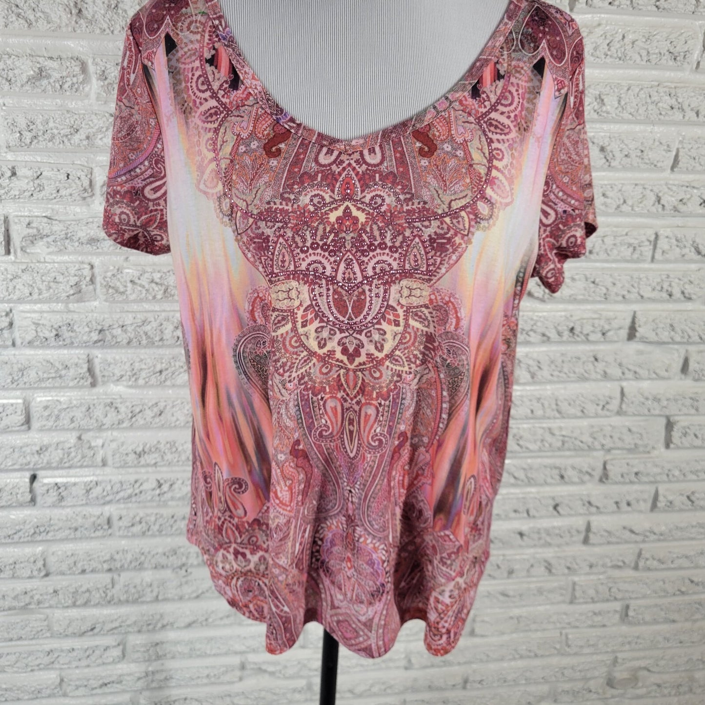 One World Womens Top Extra Large XL Short Sleeve Pink Paisley Polyester Studded