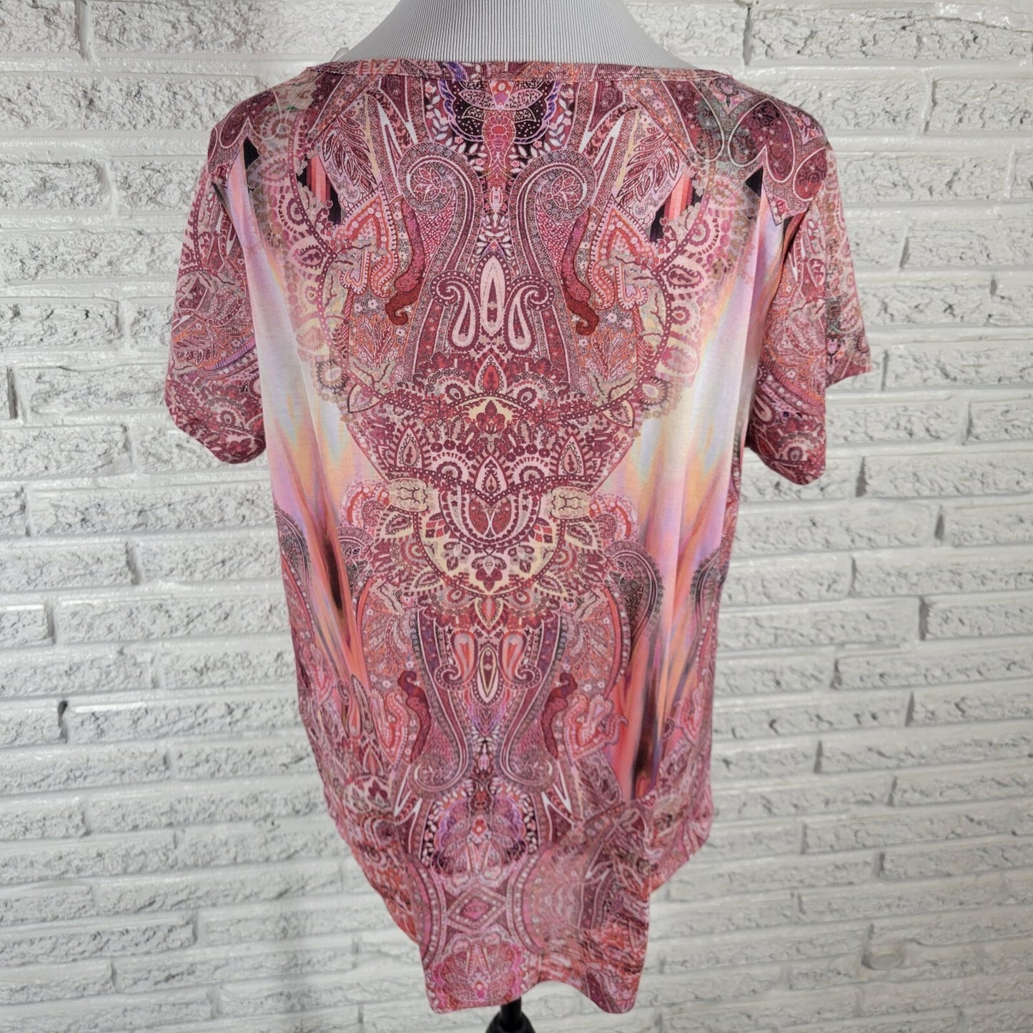 One World Womens Top Extra Large XL Short Sleeve Pink Paisley Polyester Studded