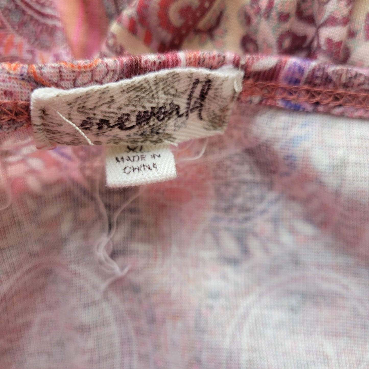 One World Womens Top Extra Large XL Short Sleeve Pink Paisley Polyester Studded