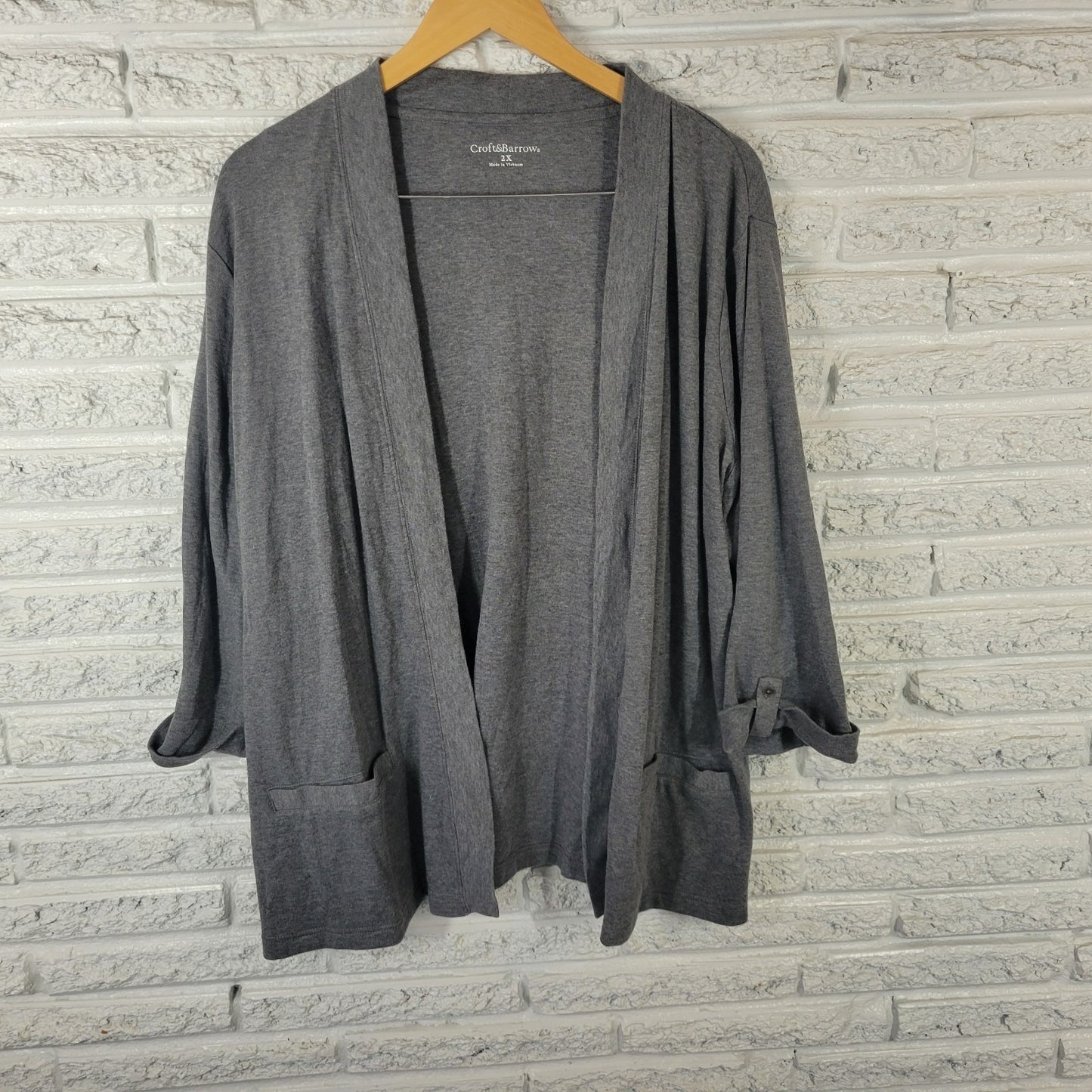 Croft Barrow Womens Top 2X Plus Cardigan Open Gray Cuffed 3/4 Sleeve Pockets