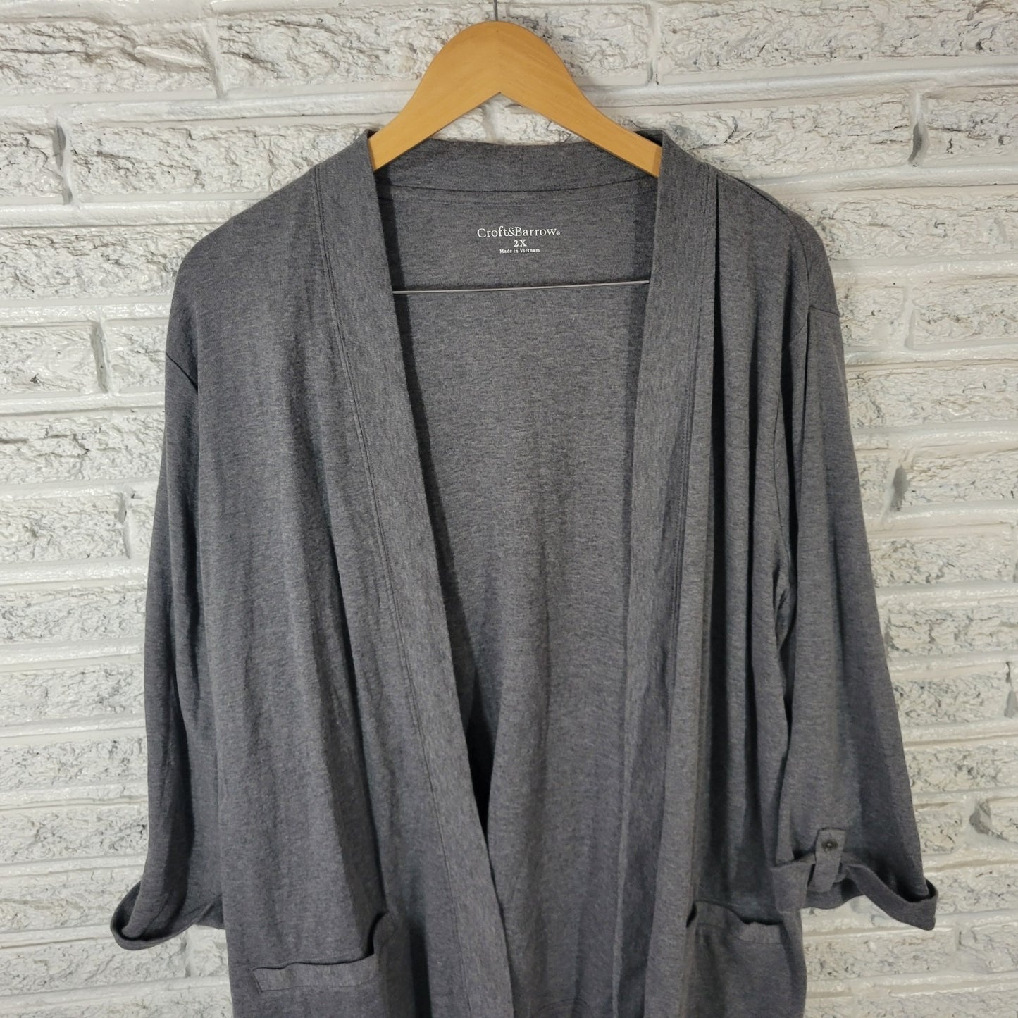 Croft Barrow Womens Top 2X Plus Cardigan Open Gray Cuffed 3/4 Sleeve Pockets