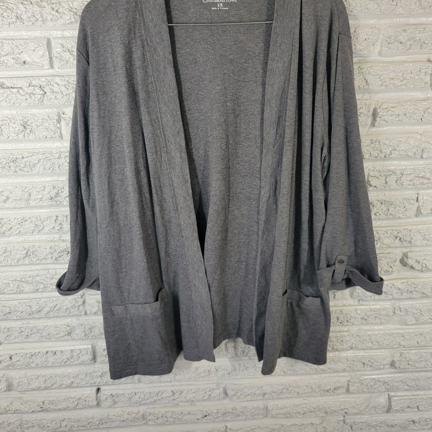 Croft Barrow Womens Top 2X Plus Cardigan Open Gray Cuffed 3/4 Sleeve Pockets