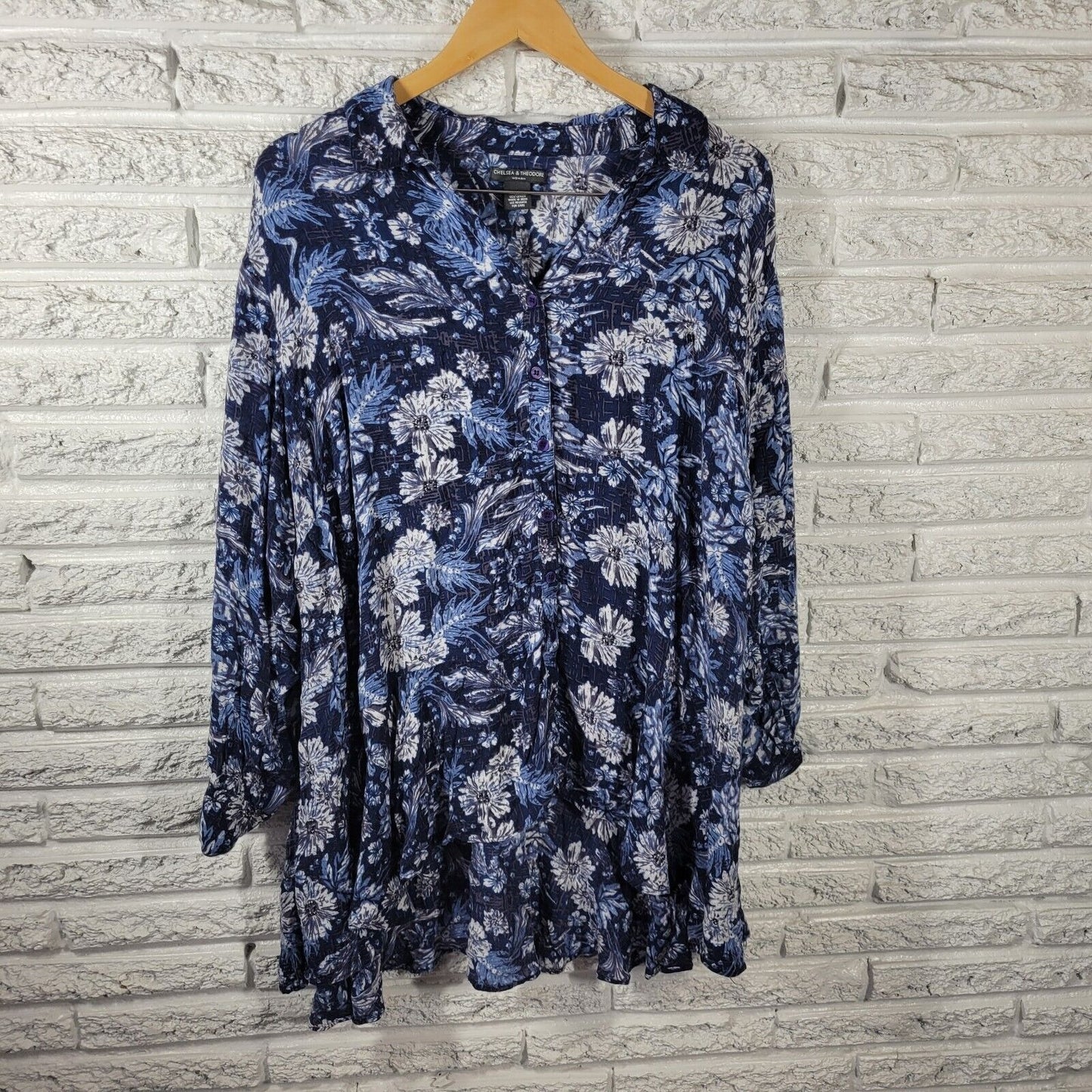 Chelsea Theodore Women Top 3X Long Sleeve Blue Button Up Lightweight Sheer Rayon