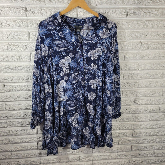 Chelsea Theodore Women Top 3X Long Sleeve Blue Button Up Lightweight Sheer Rayon