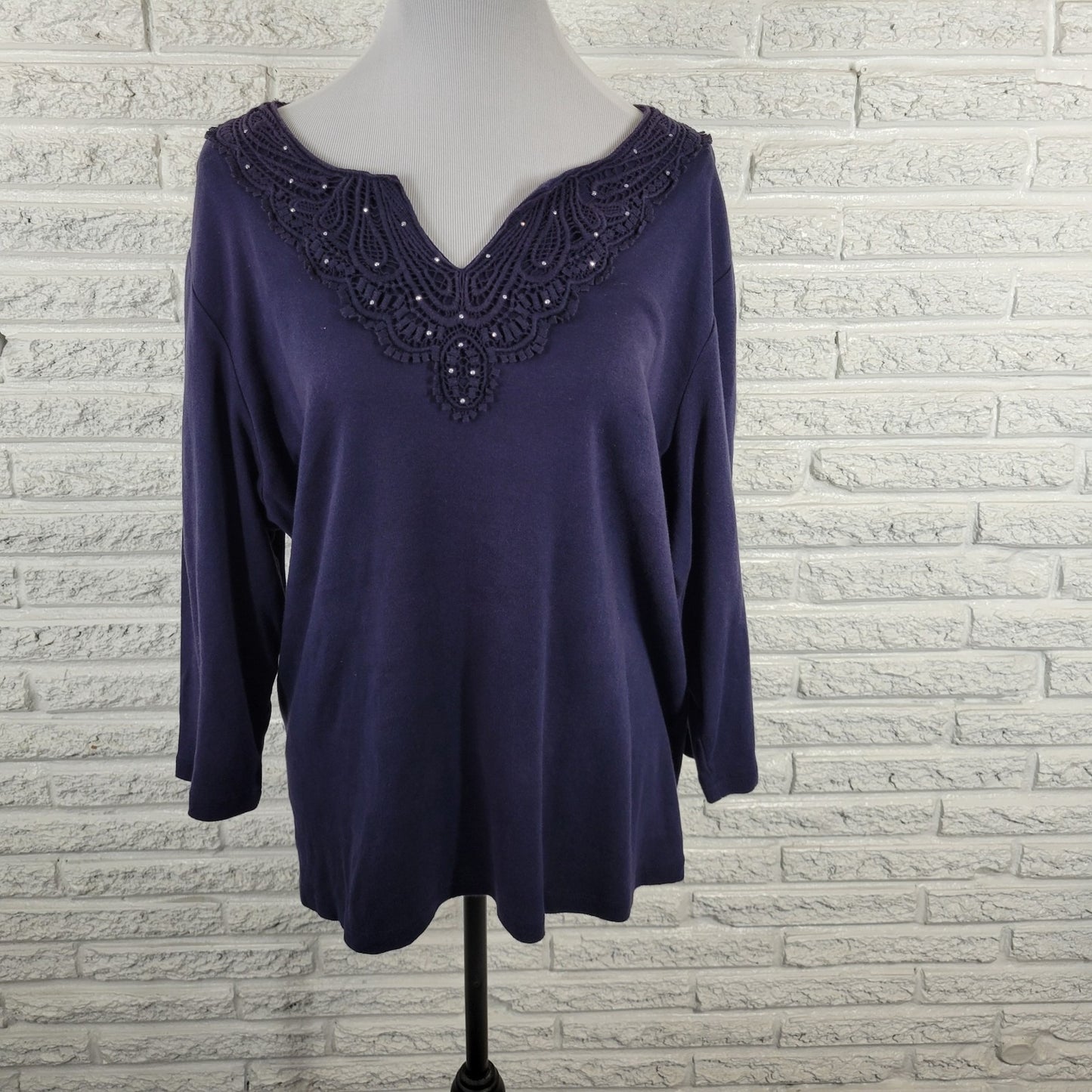 Karen Scott Womens Top 2X Plus 3/4 Sleeve Blue Crochet Trim Studded Casual Comfy
