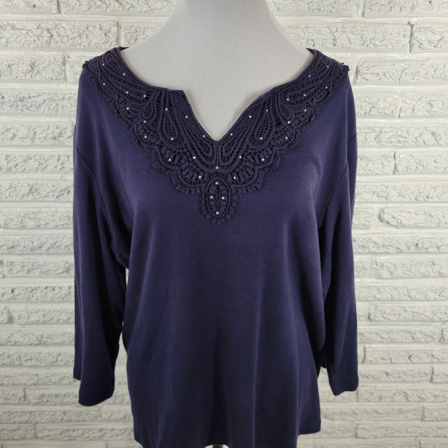 Karen Scott Womens Top 2X Plus 3/4 Sleeve Blue Crochet Trim Studded Casual Comfy