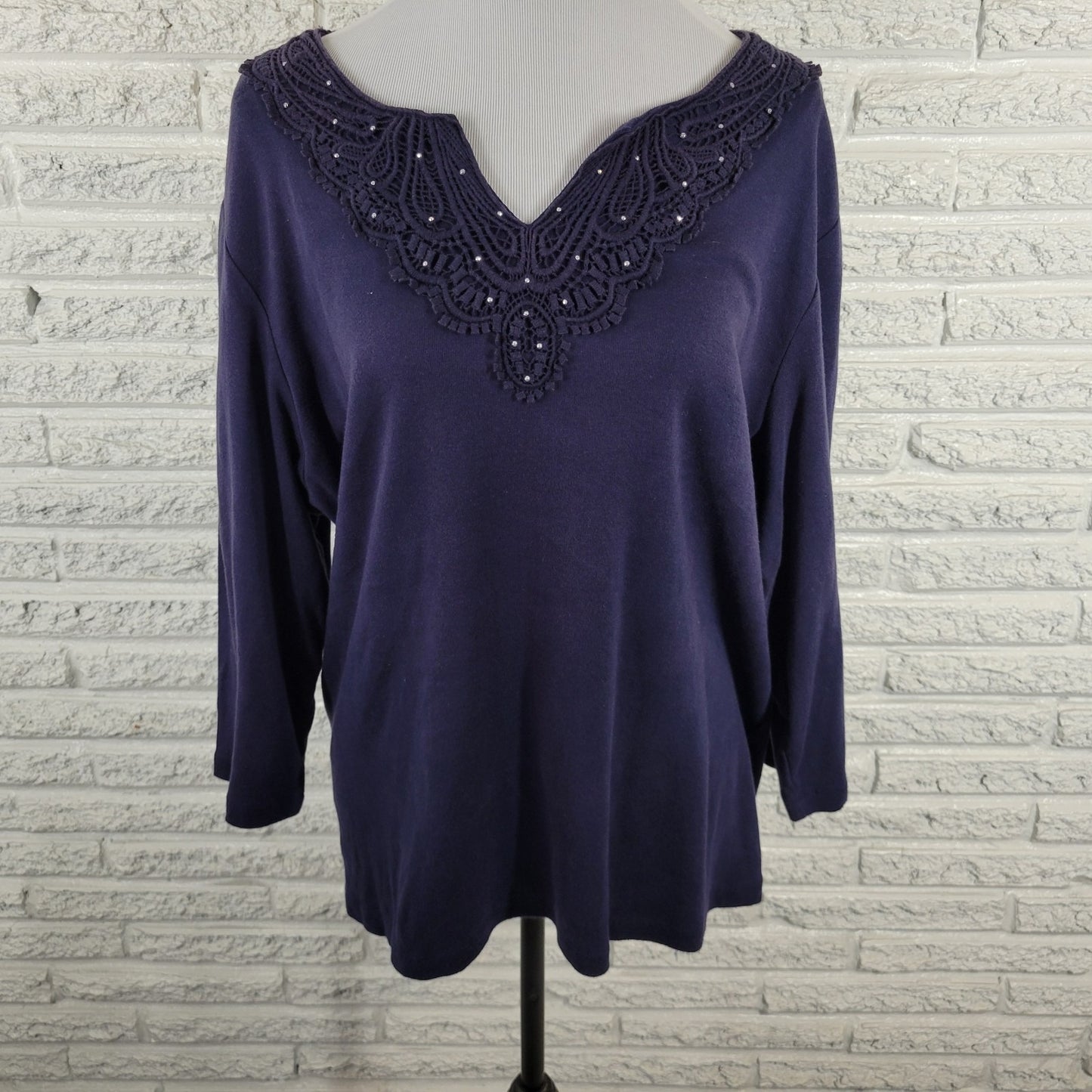Karen Scott Womens Top 2X Plus 3/4 Sleeve Blue Crochet Trim Studded Casual Comfy