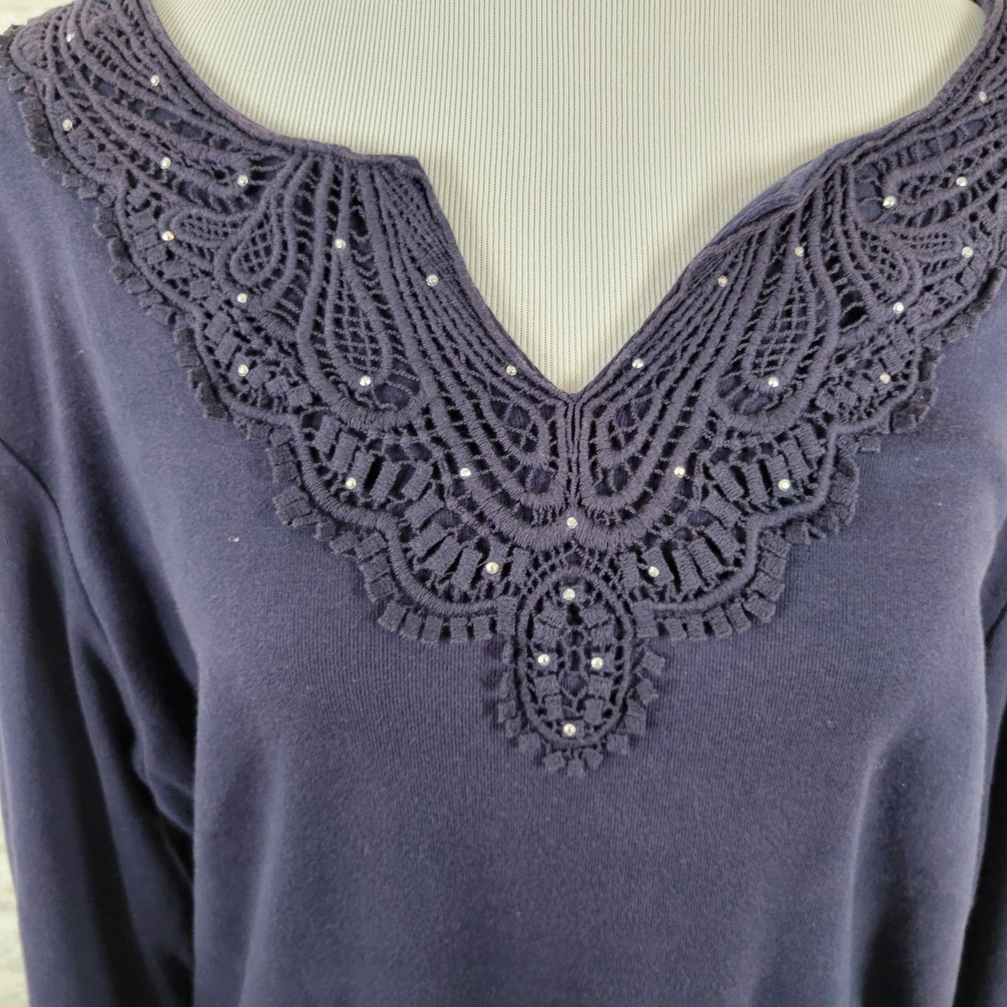 Karen Scott Womens Top 2X Plus 3/4 Sleeve Blue Crochet Trim Studded Casual Comfy