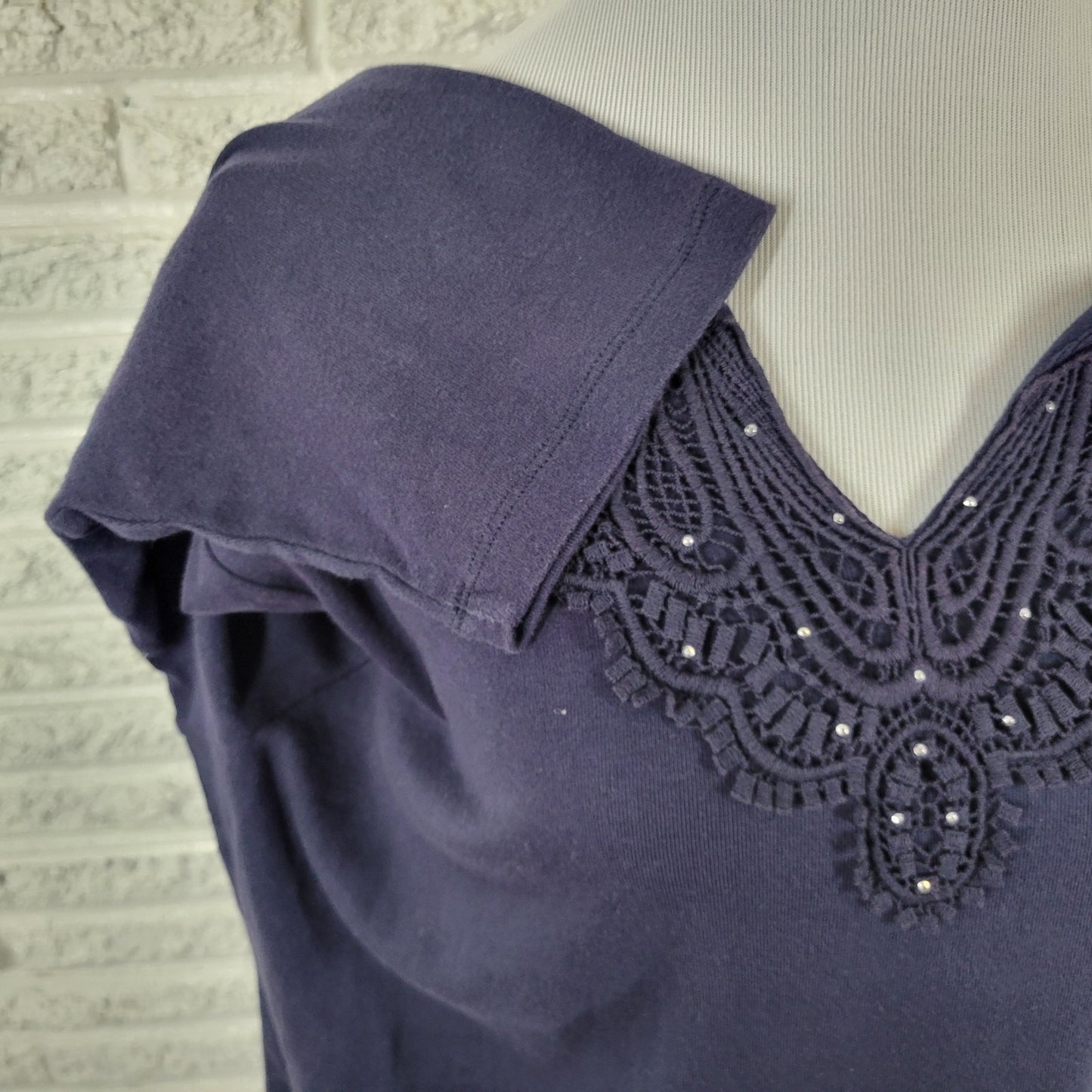 Karen Scott Womens Top 2X Plus 3/4 Sleeve Blue Crochet Trim Studded Casual Comfy