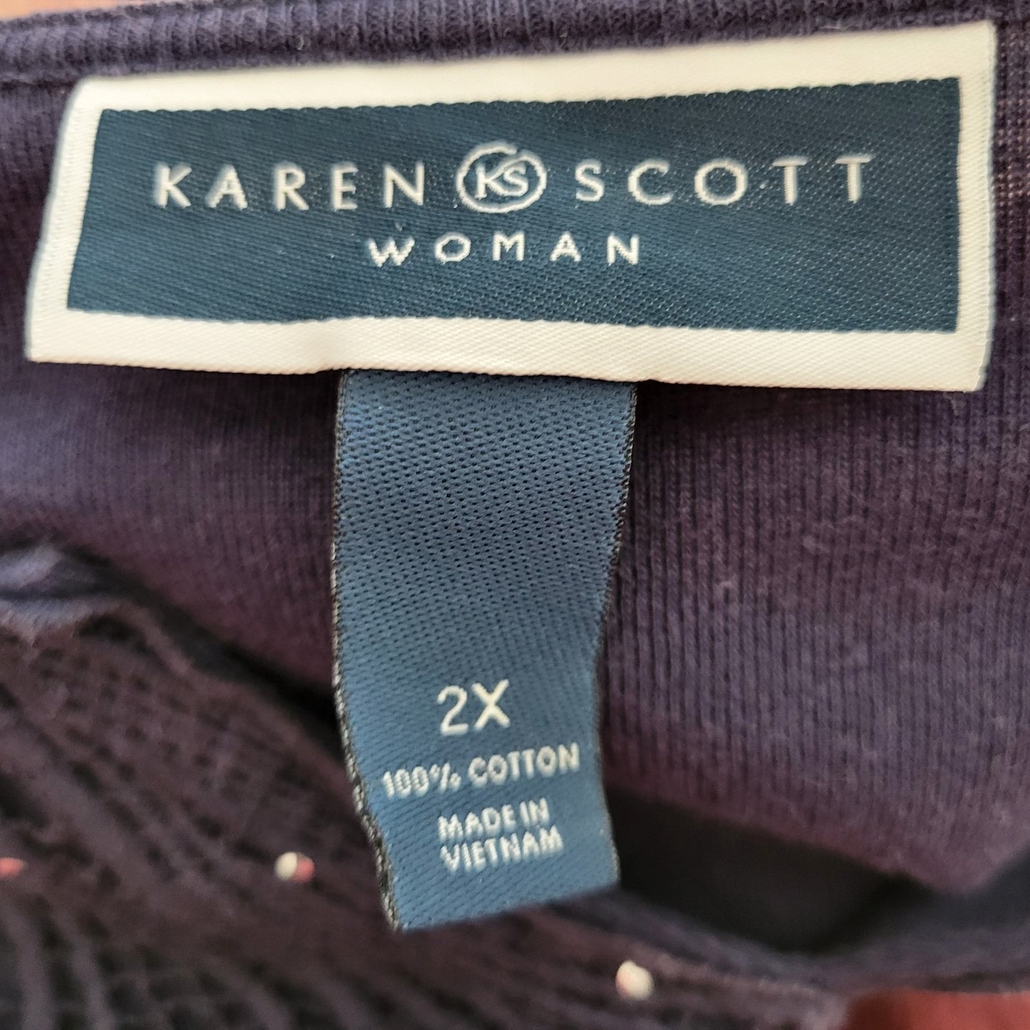 Karen Scott Womens Top 2X Plus 3/4 Sleeve Blue Crochet Trim Studded Casual Comfy