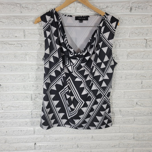 Larry Levine Women's XL Top Blouse Black Geometric Stretch Sleeveless V-Neck