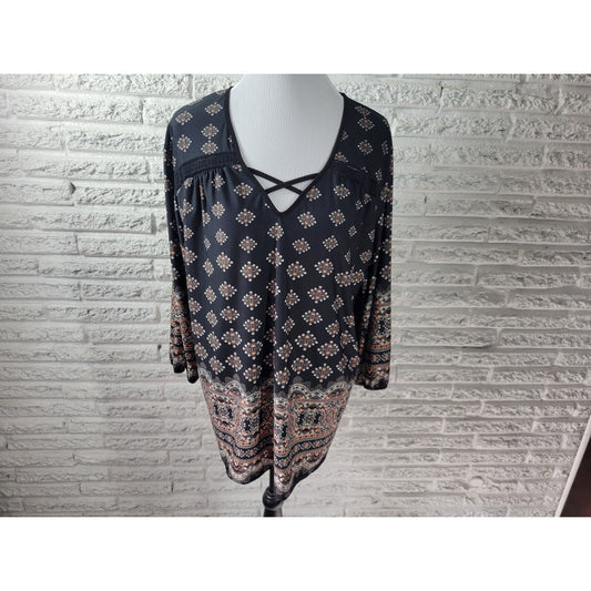 Carol Rose Women's Plus Size 2X Tunic Top Black Geometric V-Neck 3/4 Sleeve