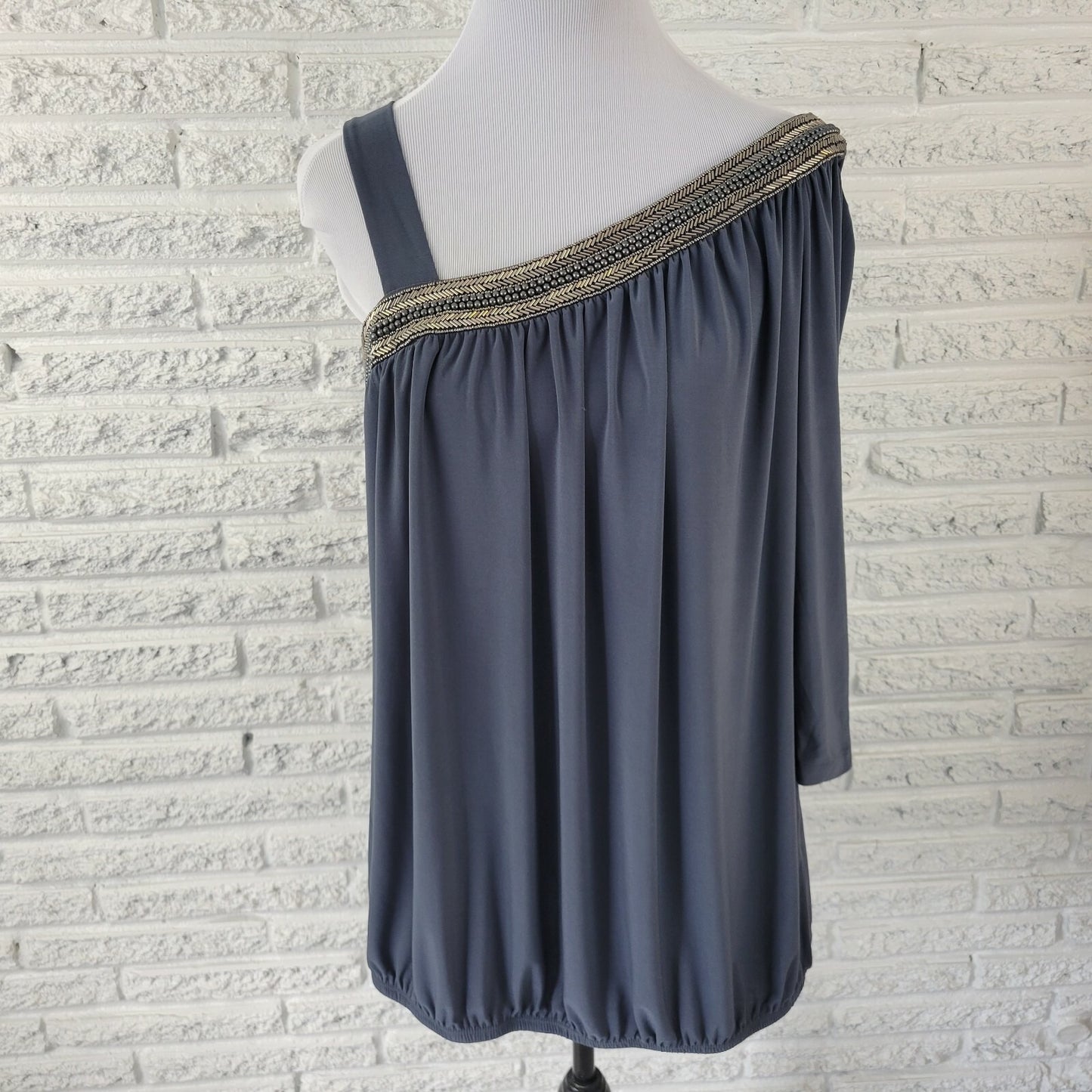 Fashion Bug Womens Top 0X Plus One Shoulder Studded Peplum Pullover Beaded Gray