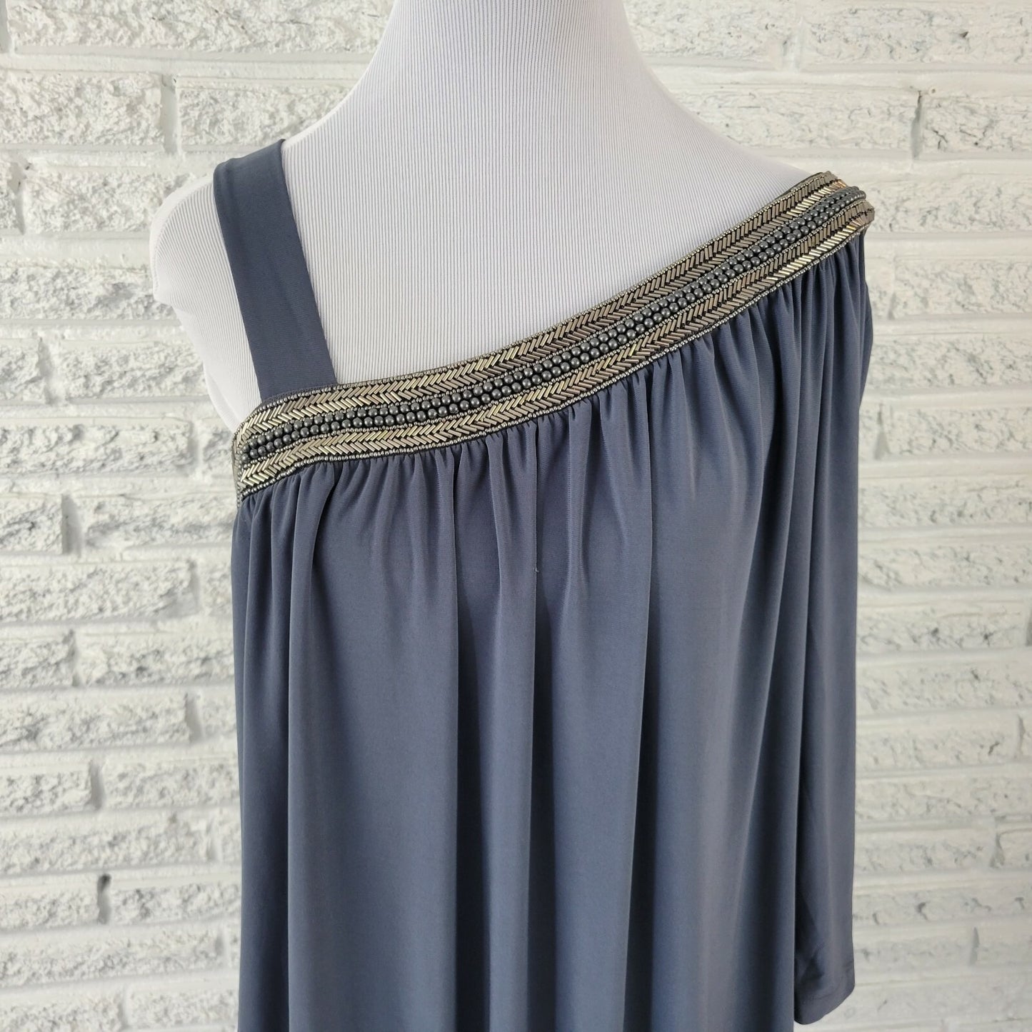 Fashion Bug Womens Top 0X Plus One Shoulder Studded Peplum Pullover Beaded Gray