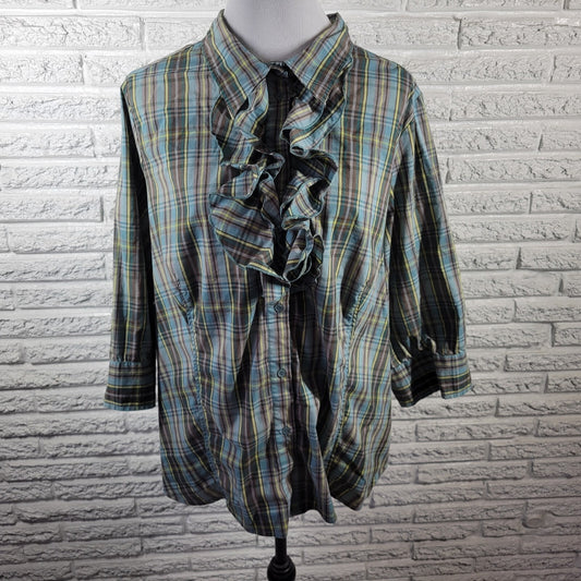 Avenue Womens Top 22 24 Plus 3/4 Sleeve Blue Plaid Button Ruffle Lightweight