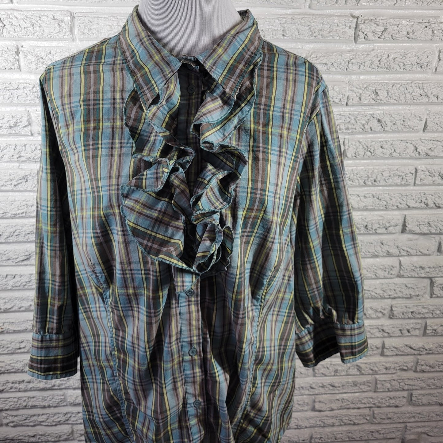 Avenue Womens Top 22 24 Plus 3/4 Sleeve Blue Plaid Button Ruffle Lightweight