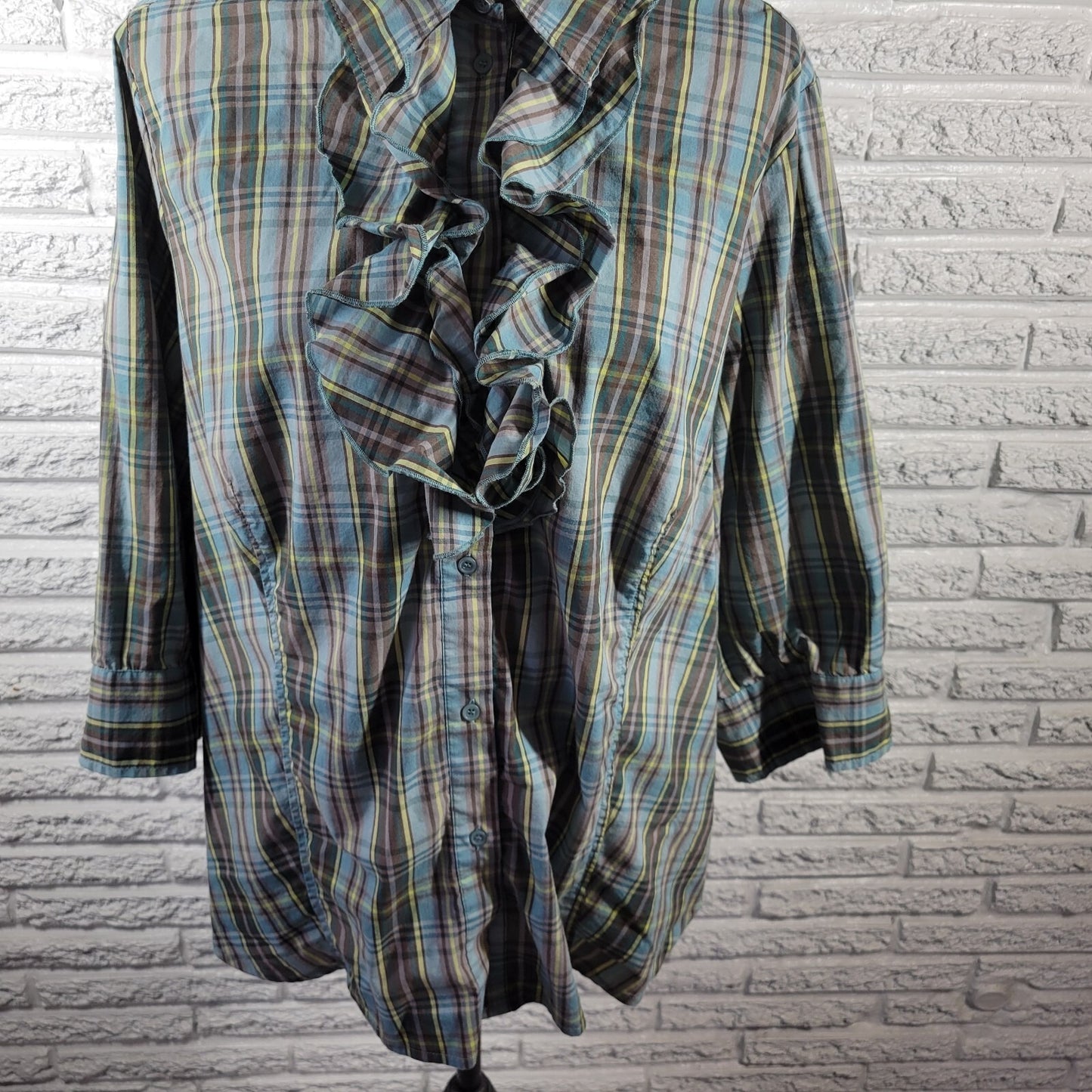 Avenue Womens Top 22 24 Plus 3/4 Sleeve Blue Plaid Button Ruffle Lightweight