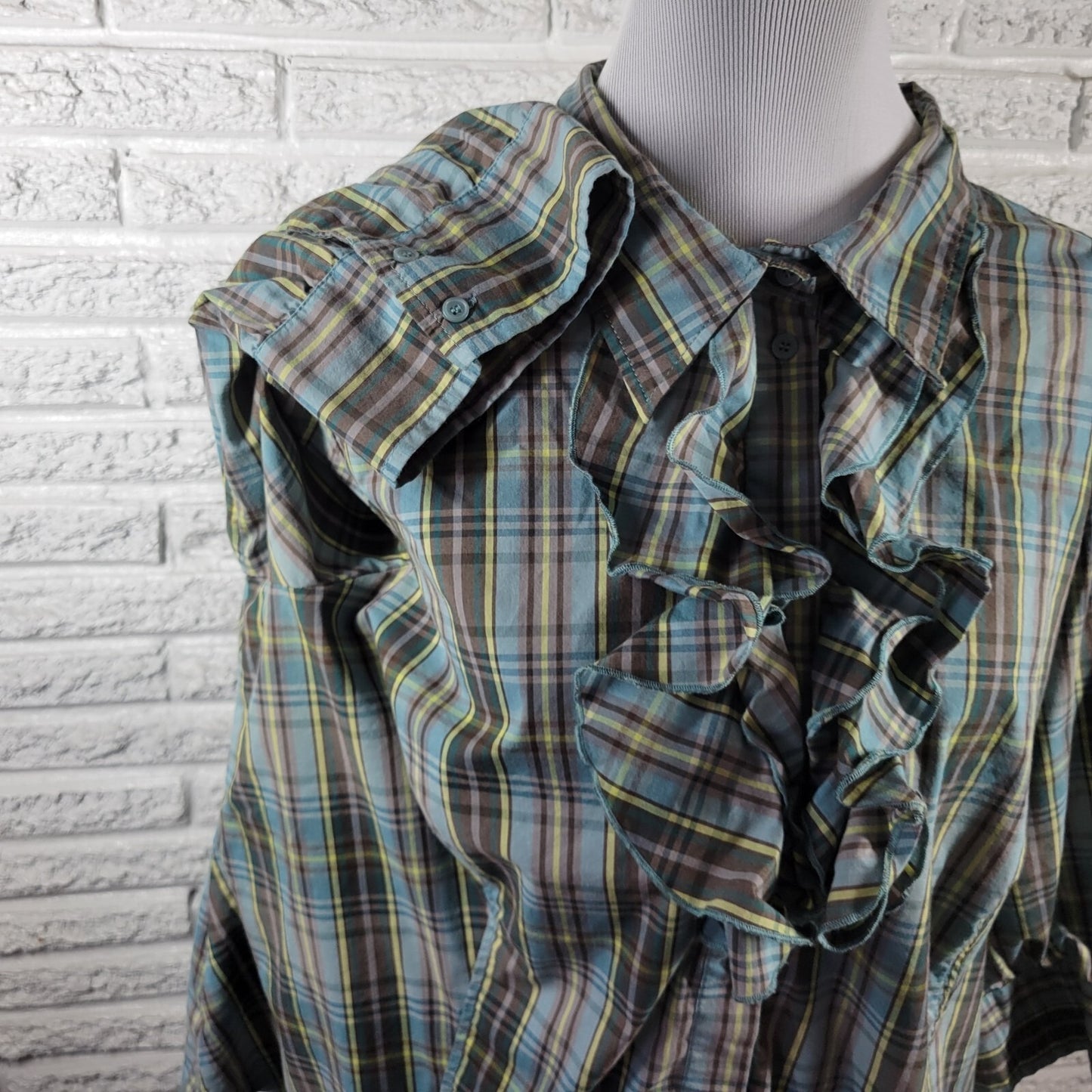 Avenue Womens Top 22 24 Plus 3/4 Sleeve Blue Plaid Button Ruffle Lightweight