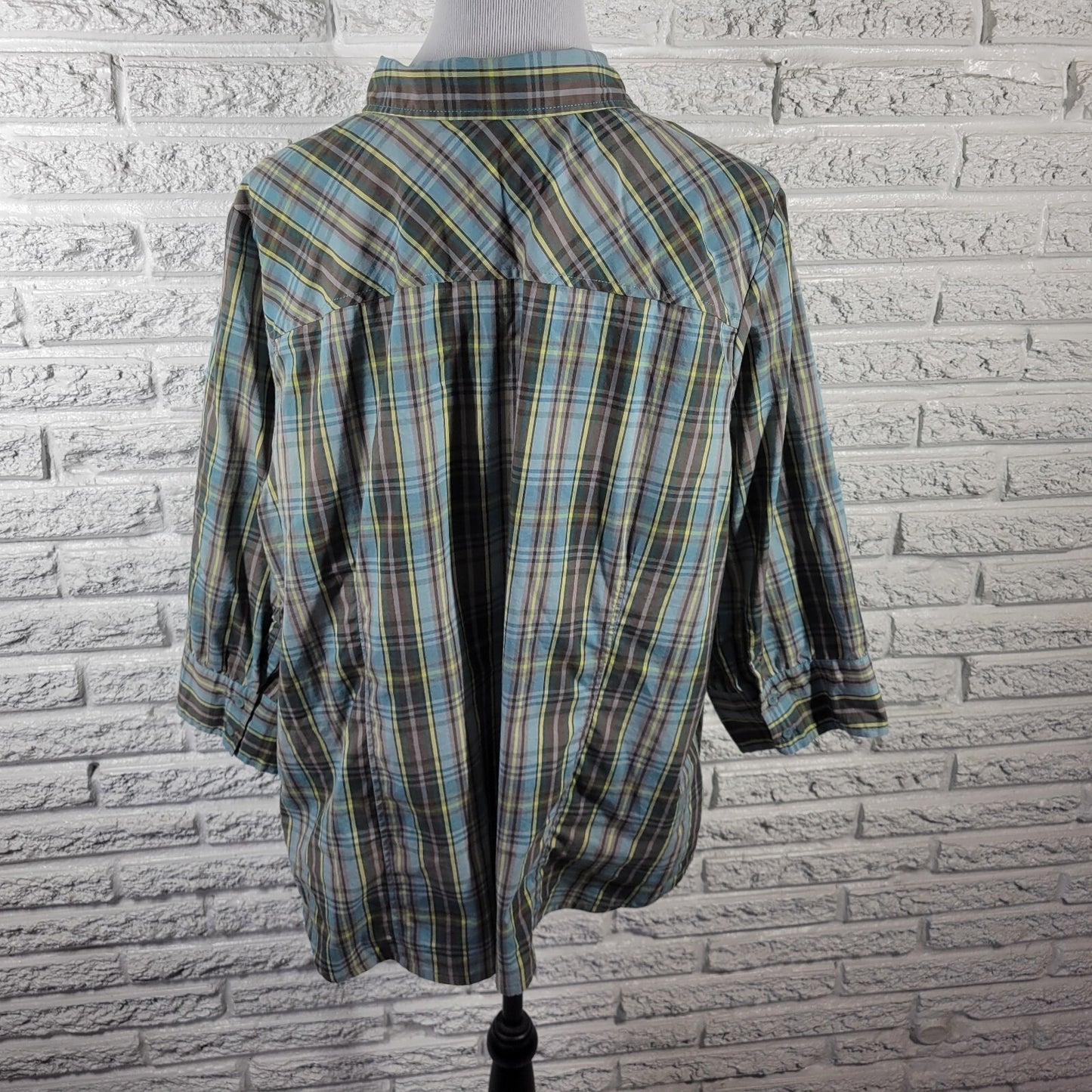 Avenue Womens Top 22 24 Plus 3/4 Sleeve Blue Plaid Button Ruffle Lightweight