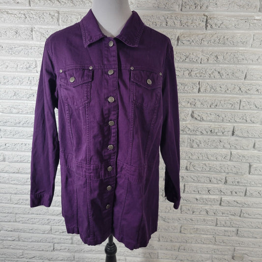 Roamans Womens Jacket 18W Plus  Button Up Purple Denim Pockets Adjustable Waist