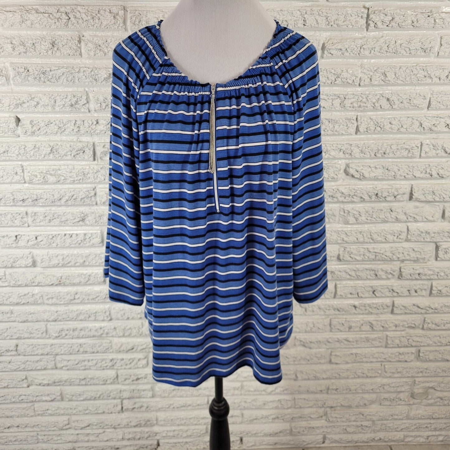 Valerie Stevens Women Top XL 3/4 Sleeve Quarter Zip Poly Blend Blue White Stripe