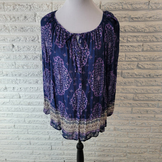 Lucky Brand Women Top 1X Plus Long Sleeve Blue Purple Geometric Sheer 1/4 Button