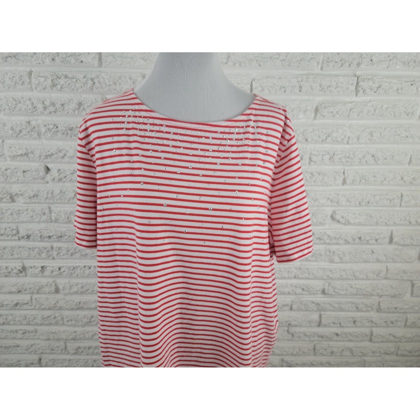 Coral Bay Women Shirt 2X Plus Tee Studded Pullover Red Stripe Casual Lightweight