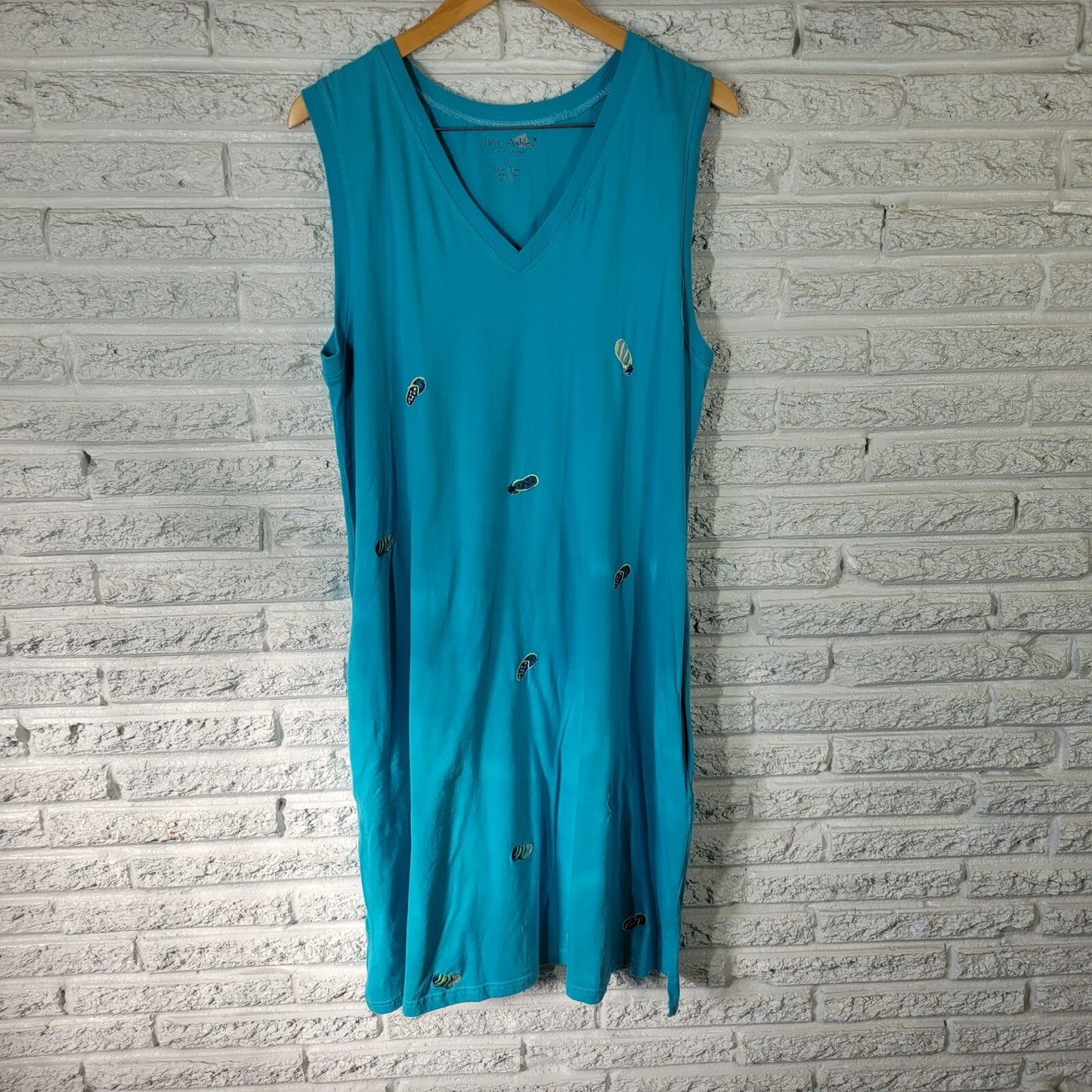 Jane Ashley Women Dress 1X Plus Sleeveless Blue Flip Flops Summer Cotton Pockets