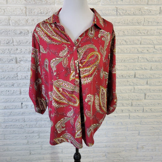 Rebecca Malone Womens Top 1X Plus Roll Tab Sleeve Burgundy Paisley Lightweight