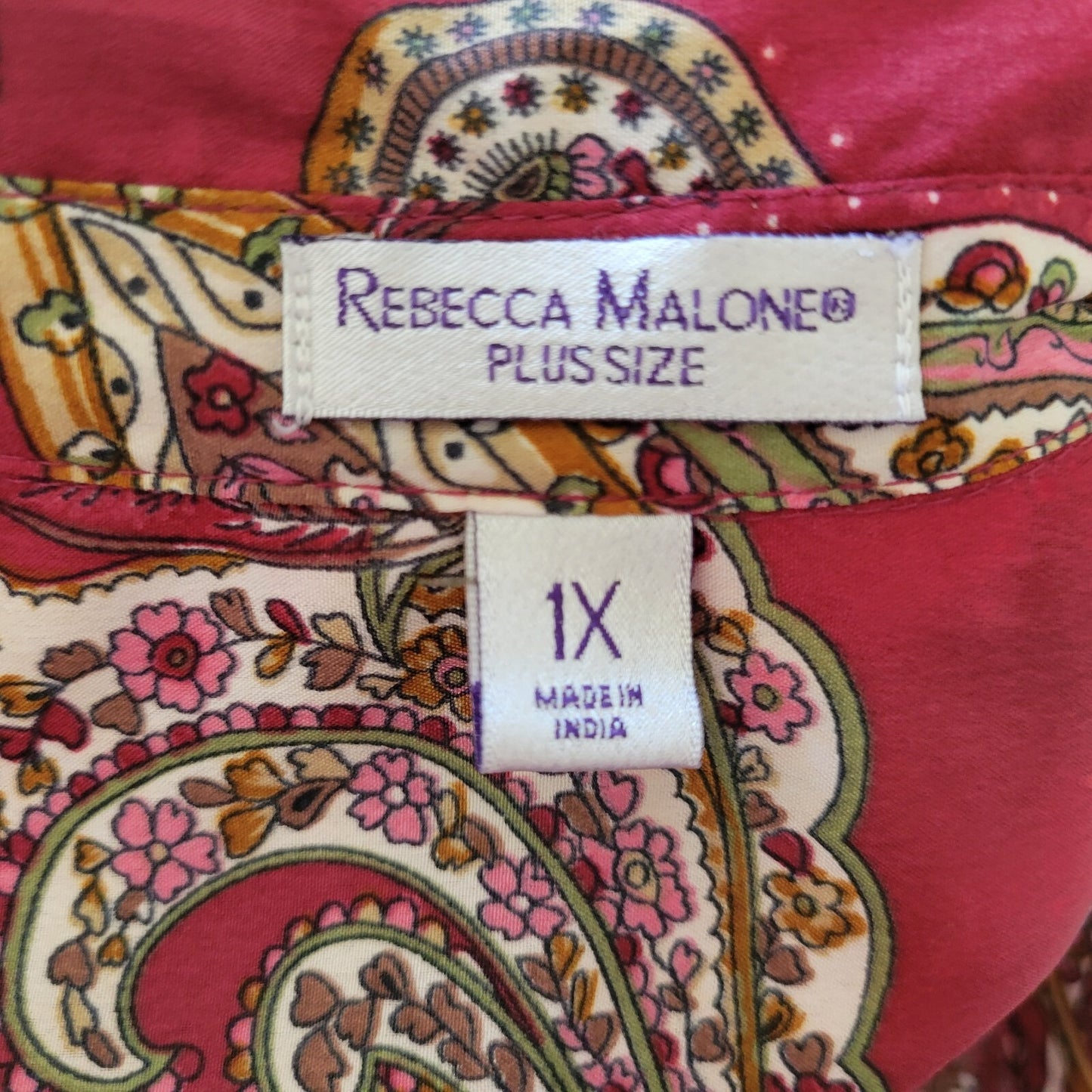 Rebecca Malone Womens Top 1X Plus Roll Tab Sleeve Burgundy Paisley Lightweight