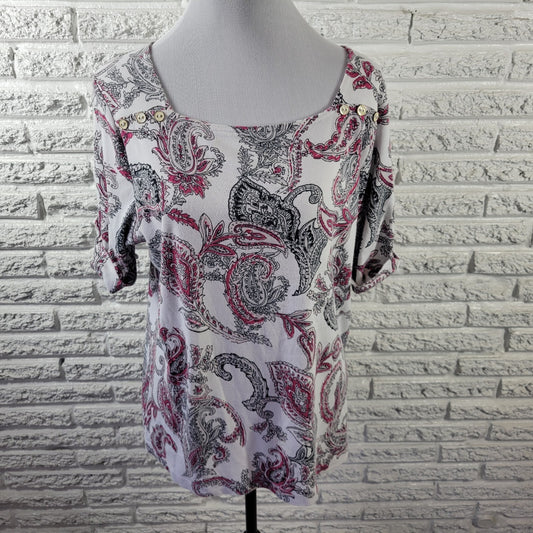Croft Barrow Womens Top Extra Large Tee Roll Tab Sleeve Cotton Pink Paisley