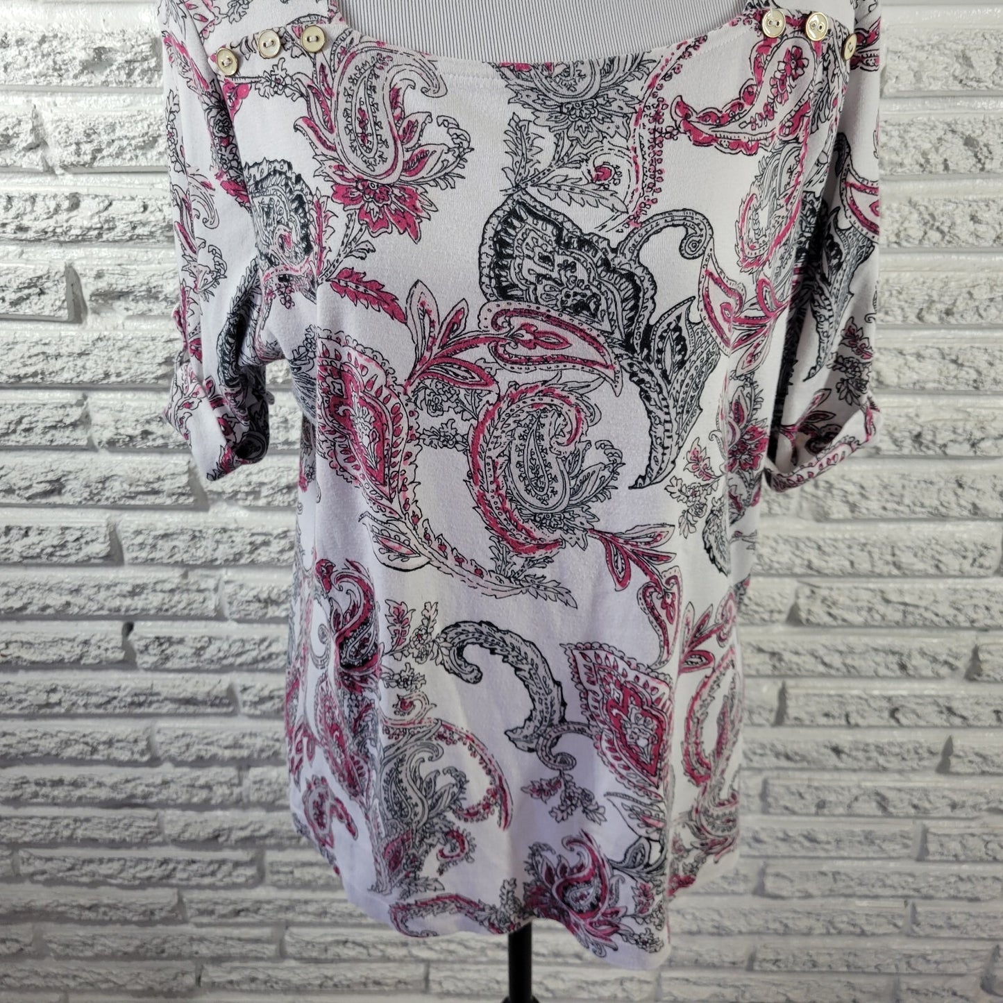 Croft Barrow Womens Top Extra Large Tee Roll Tab Sleeve Cotton Pink Paisley