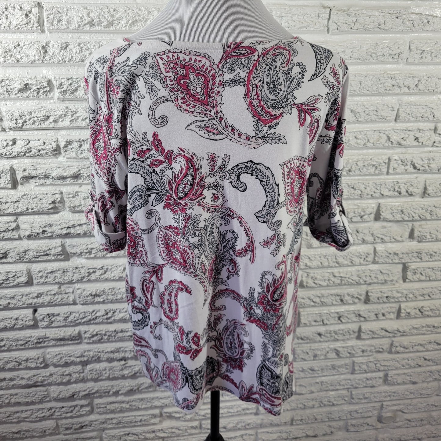 Croft Barrow Womens Top Extra Large Tee Roll Tab Sleeve Cotton Pink Paisley